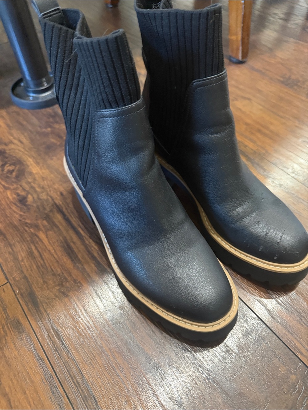 Dolce Vita Black Knit-Collar Chelsea Booties with Tan Welt